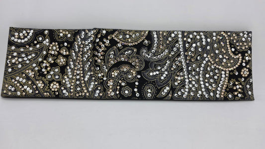 Super LeeAnnette Grey and Gold Paisley on Black Bandana with Chrome and Honey Austrian Crystals (S48127)