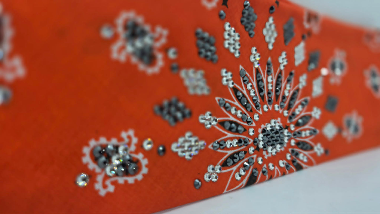 LeeAnnette Orange Paisley Bandana with Black and Diamond Clear Austrian Crystals (L40266)