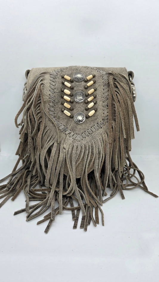Grey Buck Skin Purse with Indian Head