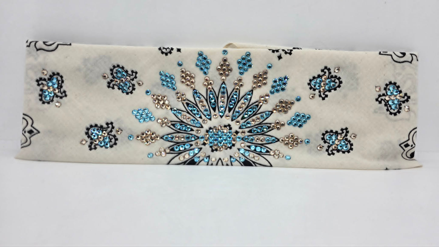 LeeAnnette Off White Paisley Bandana with Aqua and Honey Austrian Crystals (L40257)