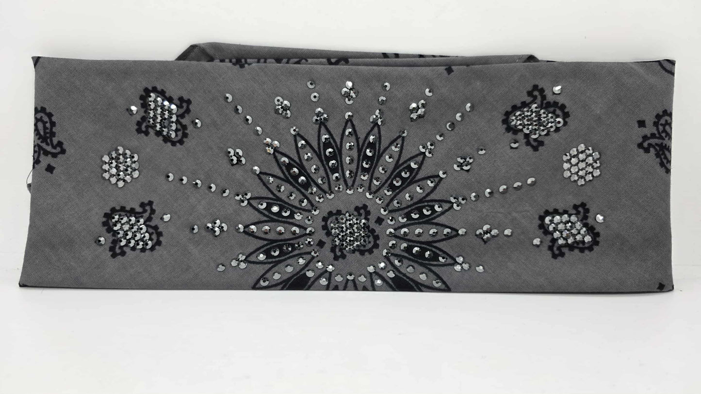 LeeAnnette Large Grey Paisley Bandana with Black Austrian Crystals (sku40113)