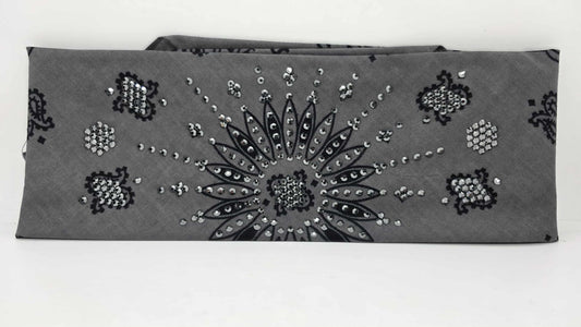 LeeAnnette Large Grey Paisley Bandana with Black Austrian Crystals (sku40113)