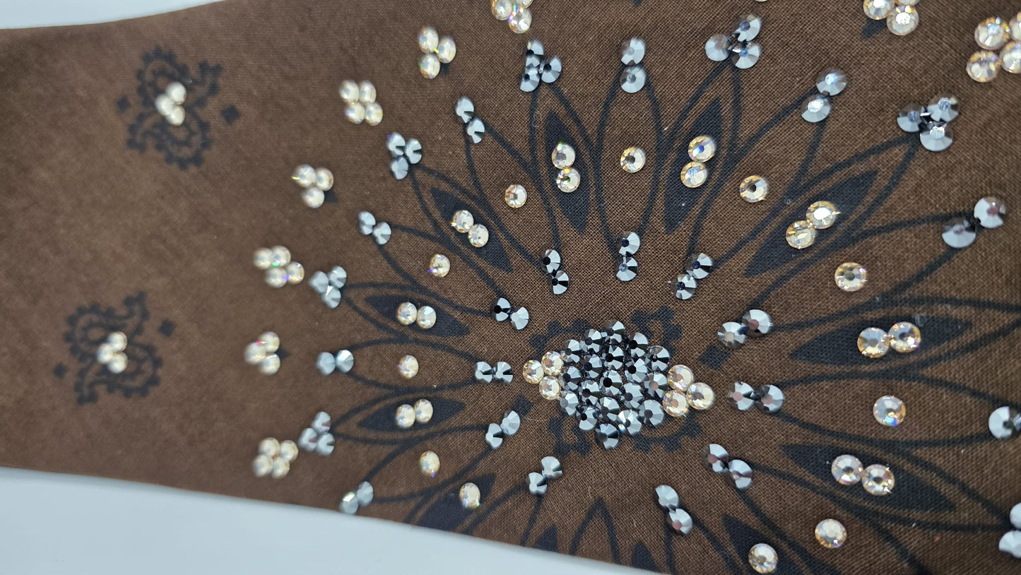 EXTRA BLING - Large Brown Paisley Bandana with Honey and Black Austrian Crystals (sku6408)