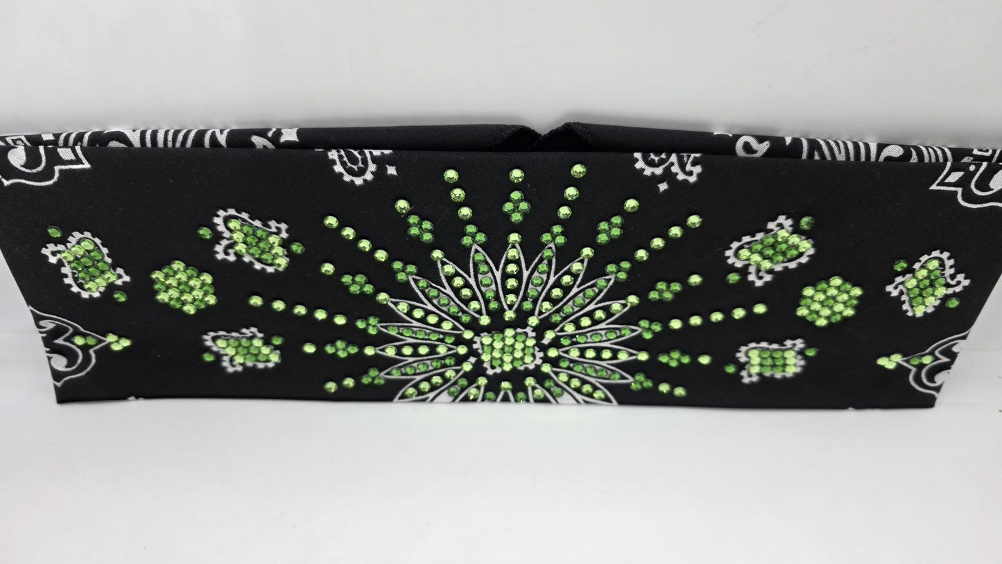 LeeAnnette Black Paisley Bandana with Light and Dark Green Austrian Crystals (L40204)