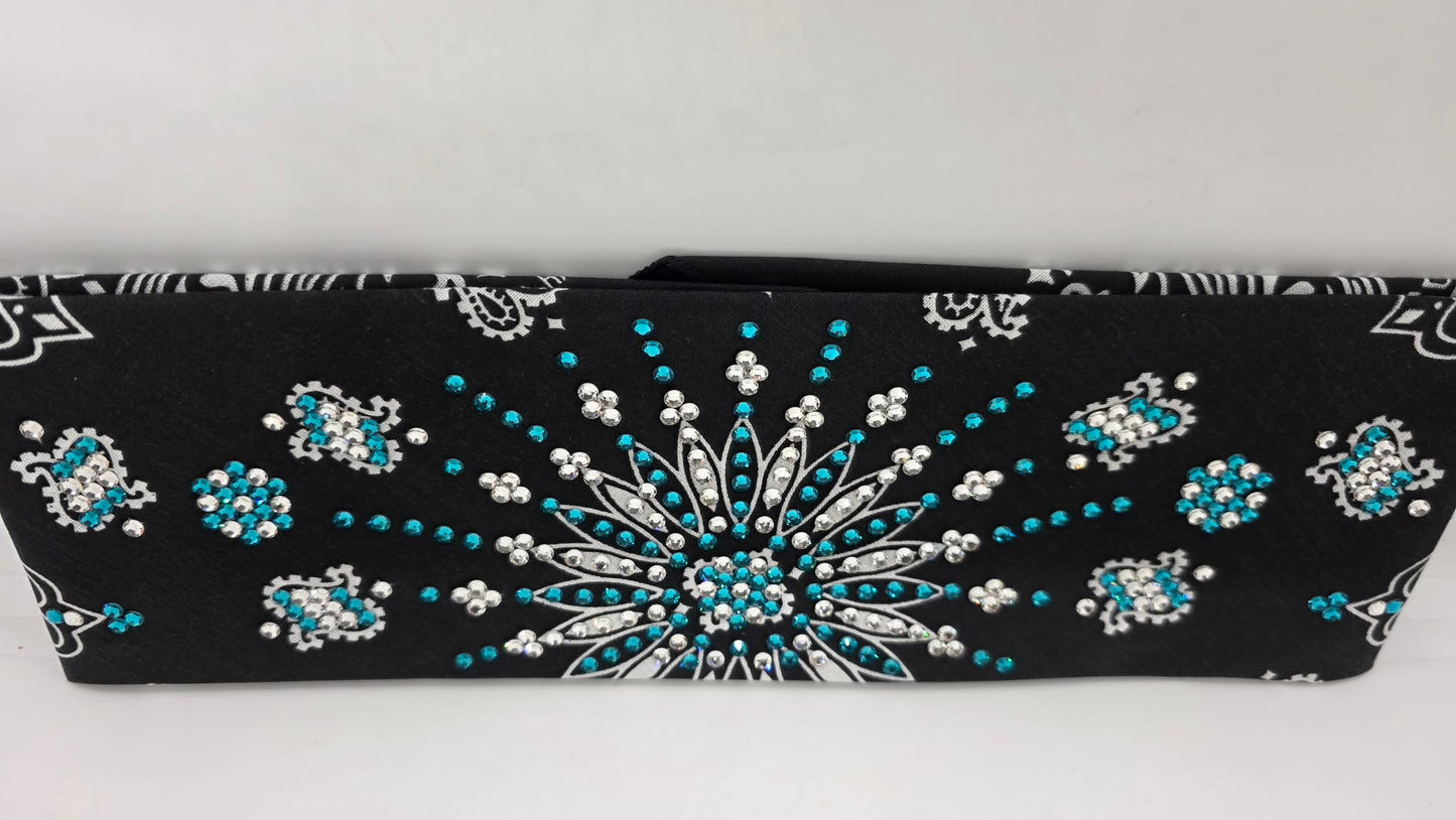 LeeAnnette Black Paisley Bandana with Bright Blue and Diamond Clear Austrian Crystals (L40206)