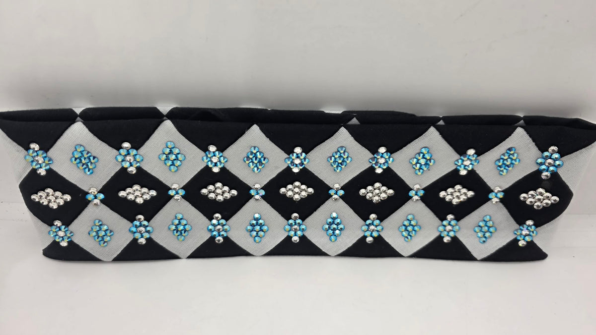 LeeAnnette Black and White Checker Bandana with Capri Blue Shimmer and Diamond Clear Austrian Crystals (L40278)
