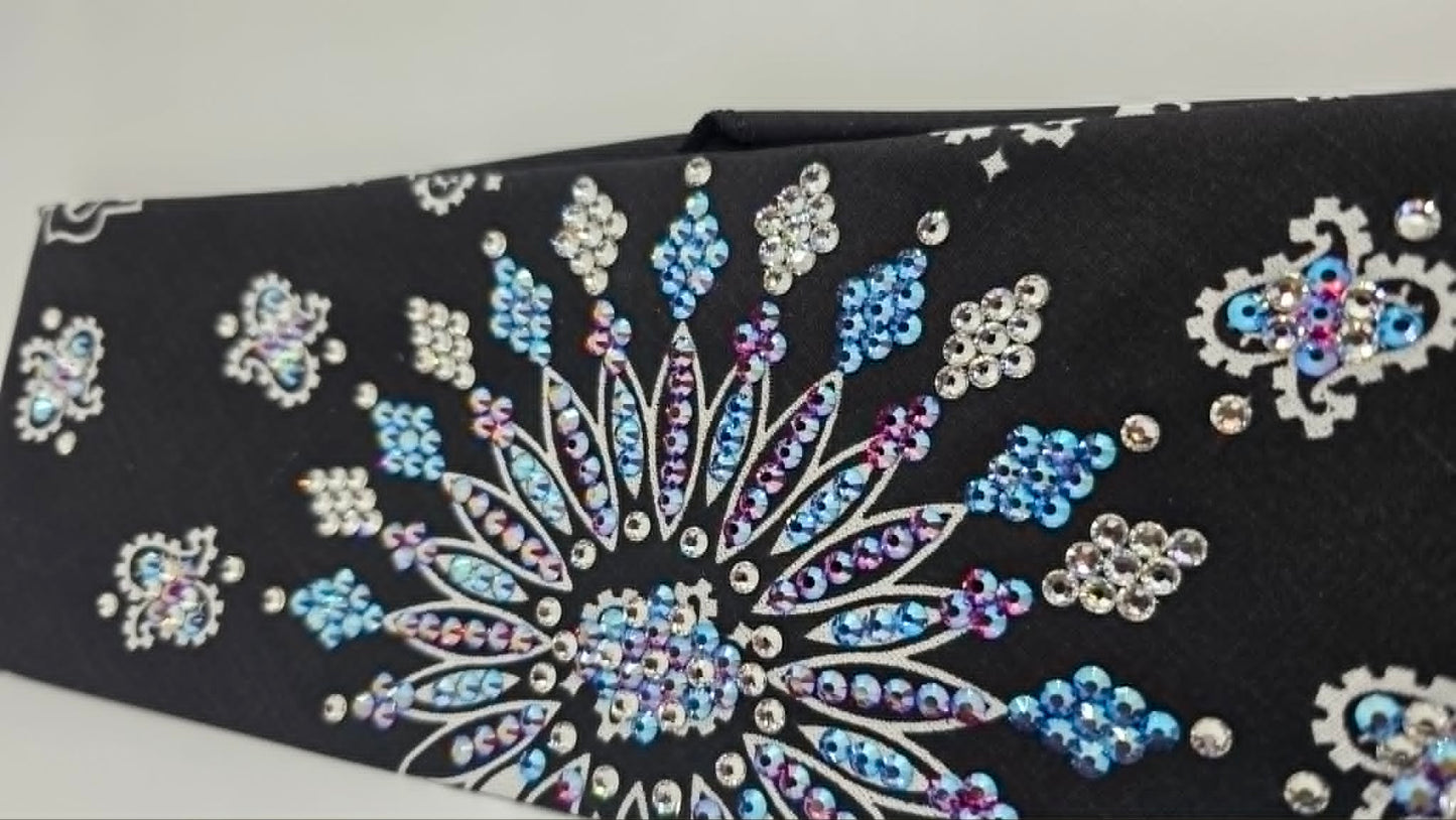 LeeAnnette Black Paisley Bandana with Red Shimmer, Blue Shimmer and Diamond Clear Austrian Crystals (L40258)