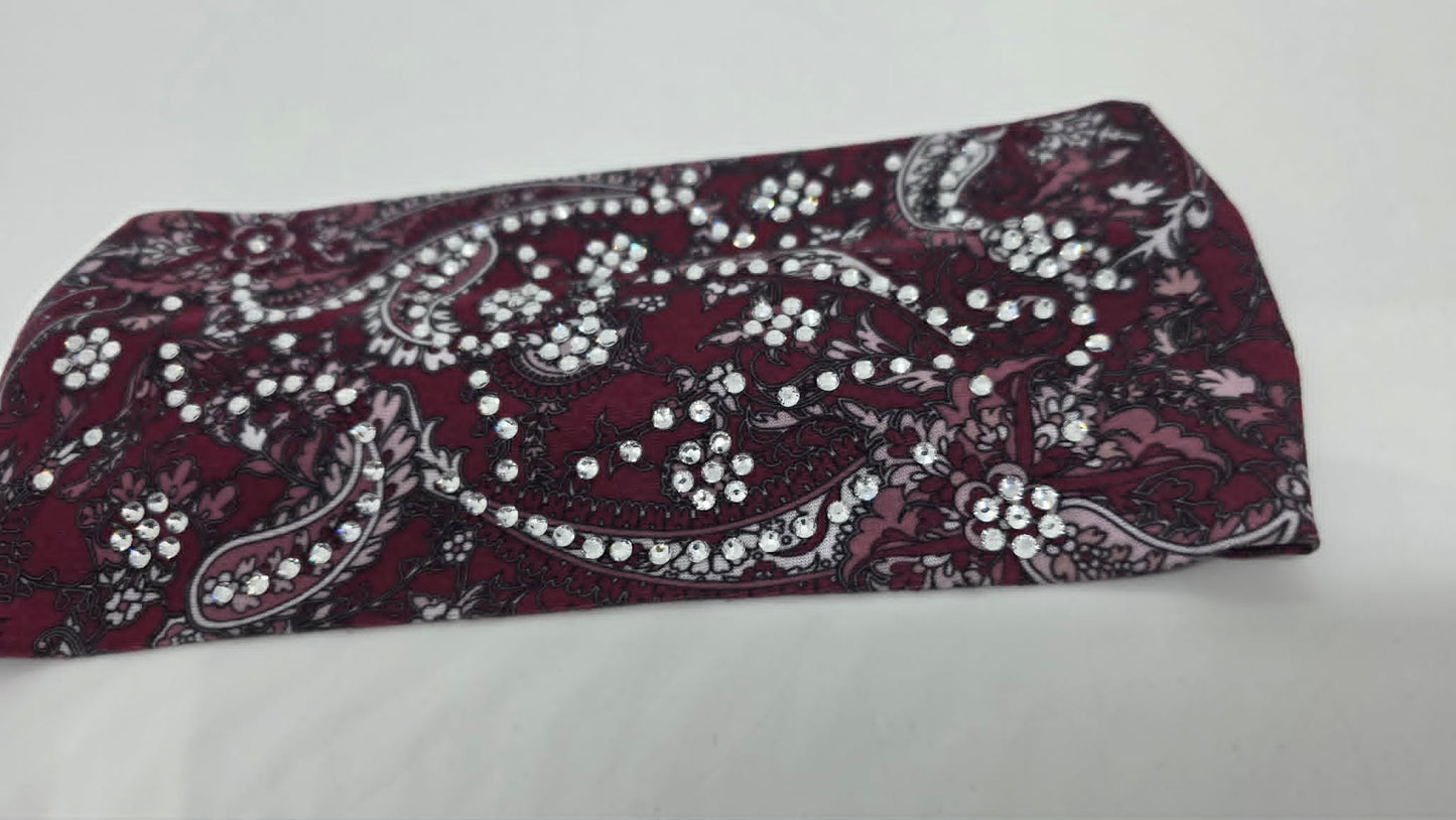 Stretchy Headband Wine Paisley with Clear Crystals (Sku5477)