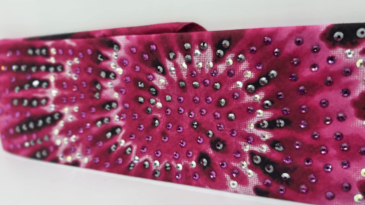 LeeAnnette Pink Tie Dye Bandana with Fuchsia, Black and Aurora Borealis Austrian Crystals (sku40089)