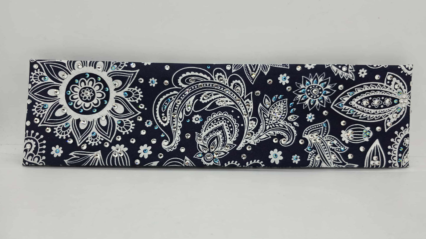 EXTRA BLING -Fancy Blue Paisley Bandana with Black Shimmer and Diamond Clear Austrian Crystals (sku6412)