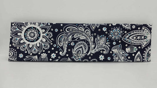 EXTRA BLING -Fancy Blue Paisley Bandana with Black Shimmer and Diamond Clear Austrian Crystals (sku6412)