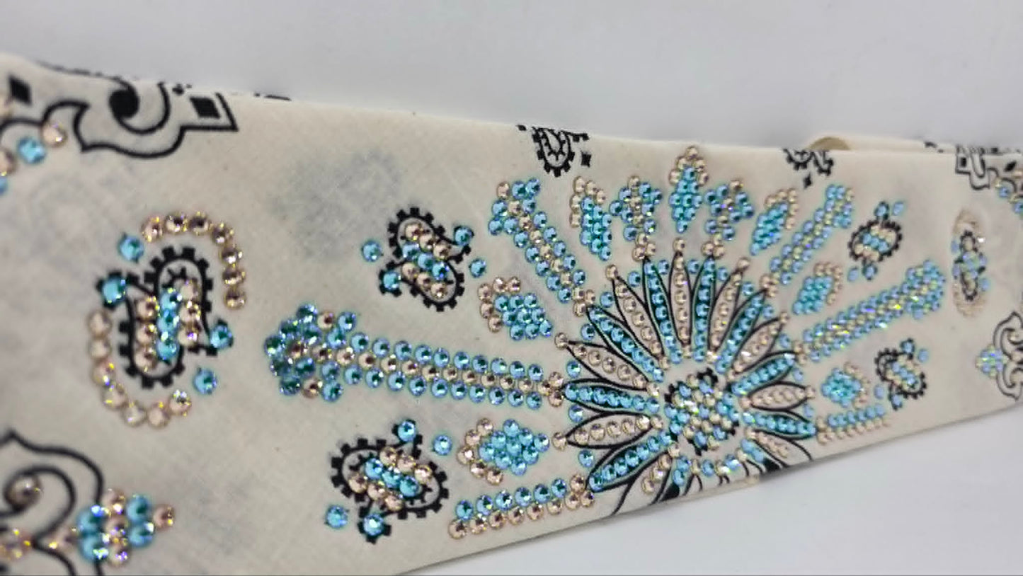 Super LeeAnnette Off White Paisley Bandana with Aqua and Honey Austrian Crystals (S48161)