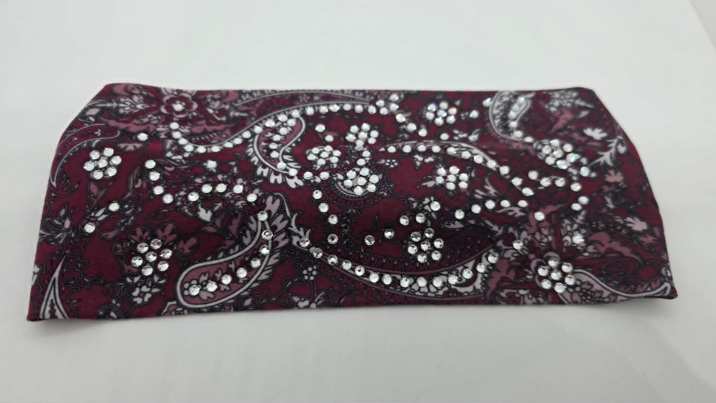 Stretchy Headband Wine Paisley with Clear Crystals (Sku5477)