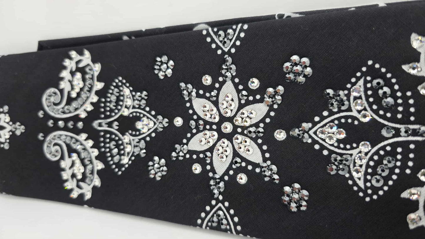 LeeAnnette Large Black Flower Bandana with Black and Diamond Clear Austrian Crystals (sku40103)
