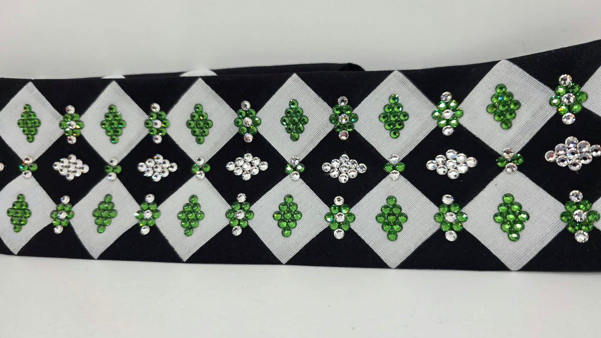 LeeAnnette Black and White Checker Bandana with Green and Diamond Clear Austrian Crystals (L40287)