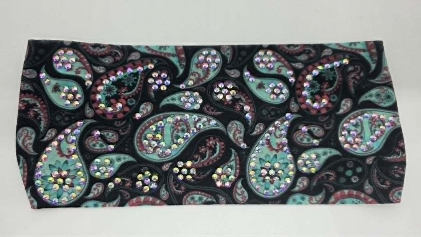 Stretchy Headband Sea Green Paisley with Aurora Borealis Crystals (Sku5476)