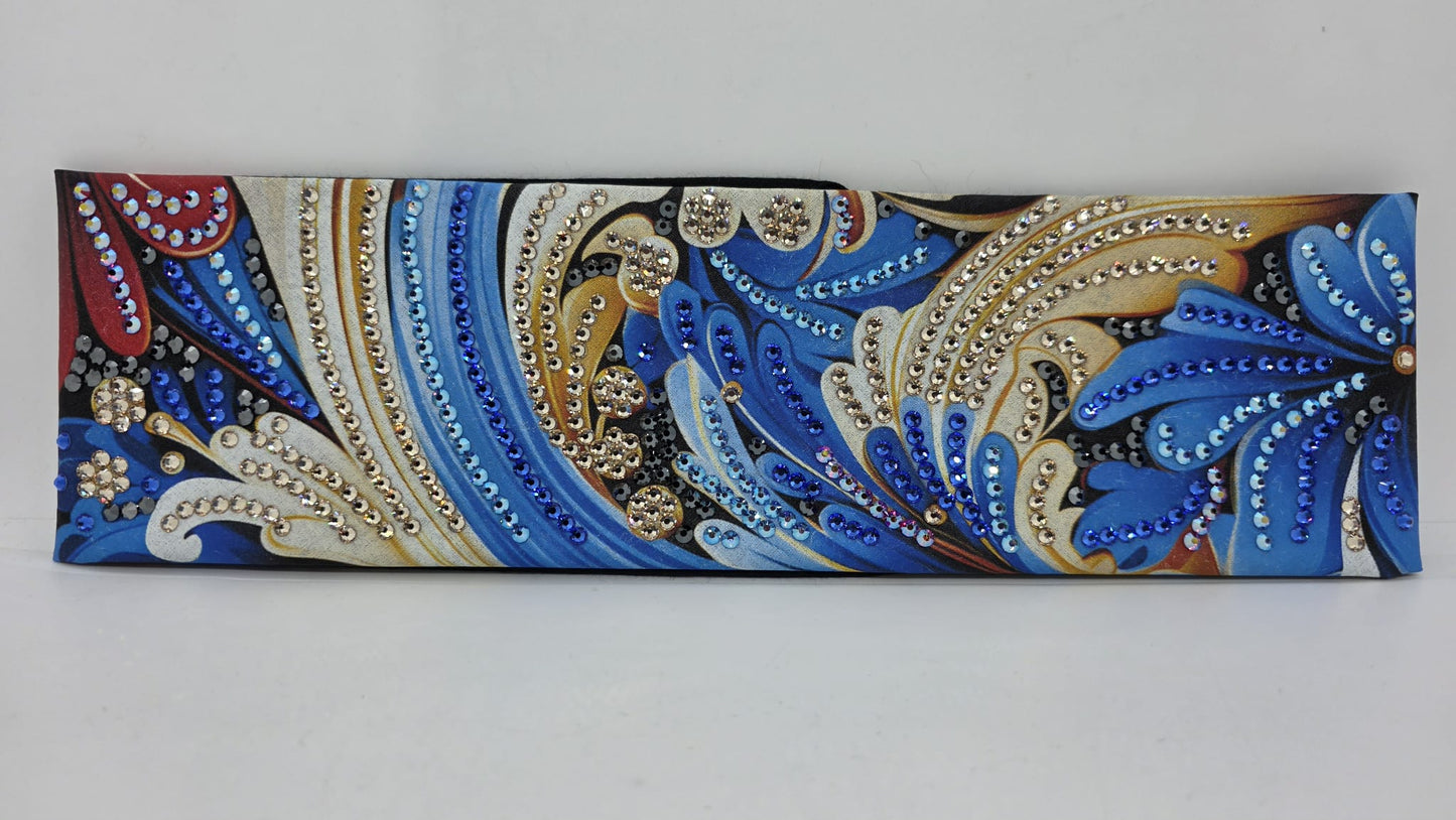 Super LeeAnnette Printed Flower Bandana with Blue, Blue Shimmer, Red Shimmer, Honey and Black Austrian Crystals (sku40148)