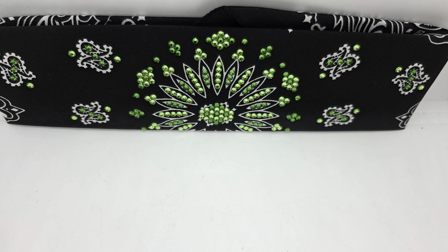 Black Paisley Bandana with Light and Dark Green Austrian Crystals (E60103)