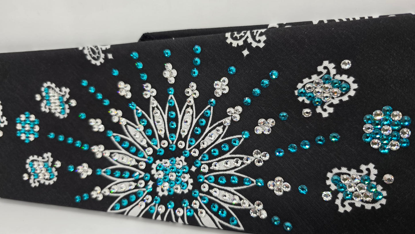 LeeAnnette Black Paisley Bandana with Bright Blue and Diamond Clear Austrian Crystals (L40206)