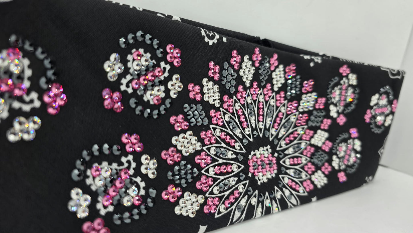 Super LeeAnnette Black Paisley Bandana with Rose, Black and Diamond Clear Austrian Crystals (S48183)