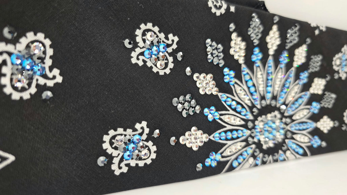 LeeAnnette Black Paisley Bandana with Blue Shimmer, Black and Diamond Clear Austrian Crystals (L40290)