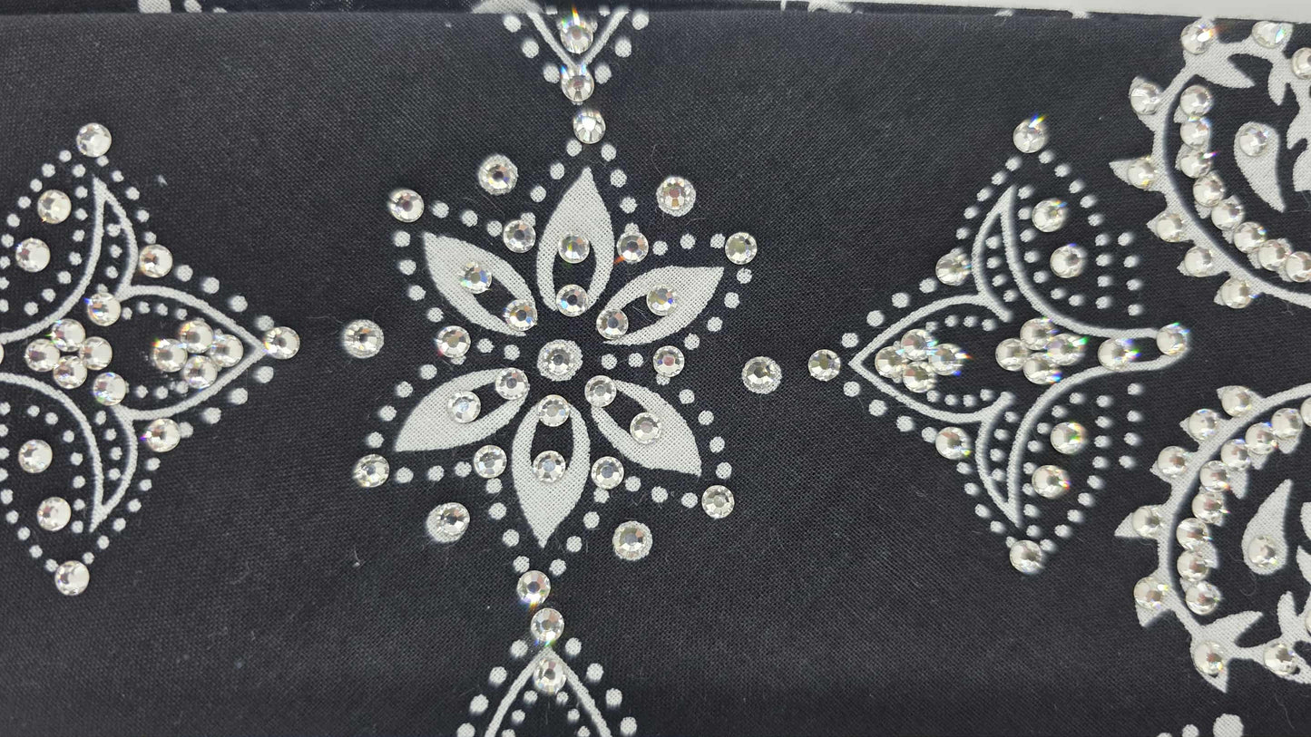 EXTRA BLING - Large Black Flower Bandana with Diamond Clear Austrian Crystals (sku6414)