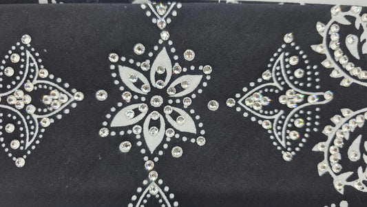 EXTRA BLING - Large Black Flower Bandana with Diamond Clear Austrian Crystals (sku6414)