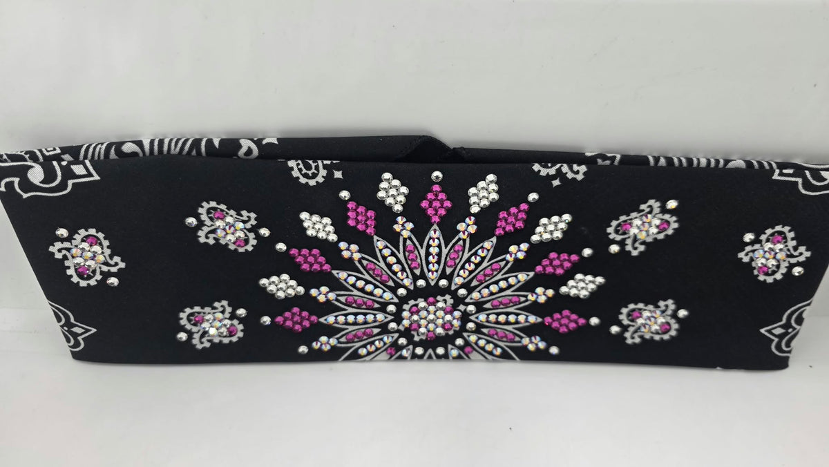 LeeAnnette Black Paisley Bandana with Fuchsia Shimmer, Fuchsia and Diamond Clear Austrian Crystals (L40292)