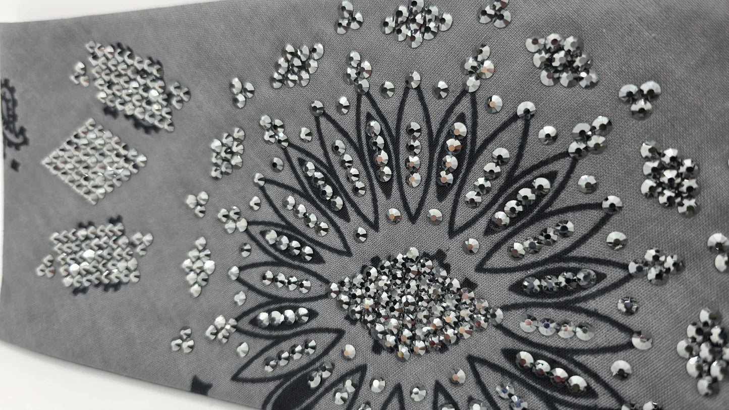 Super LeeAnnette Large Grey Bandana with Black Austrian Crystals (sku40114)