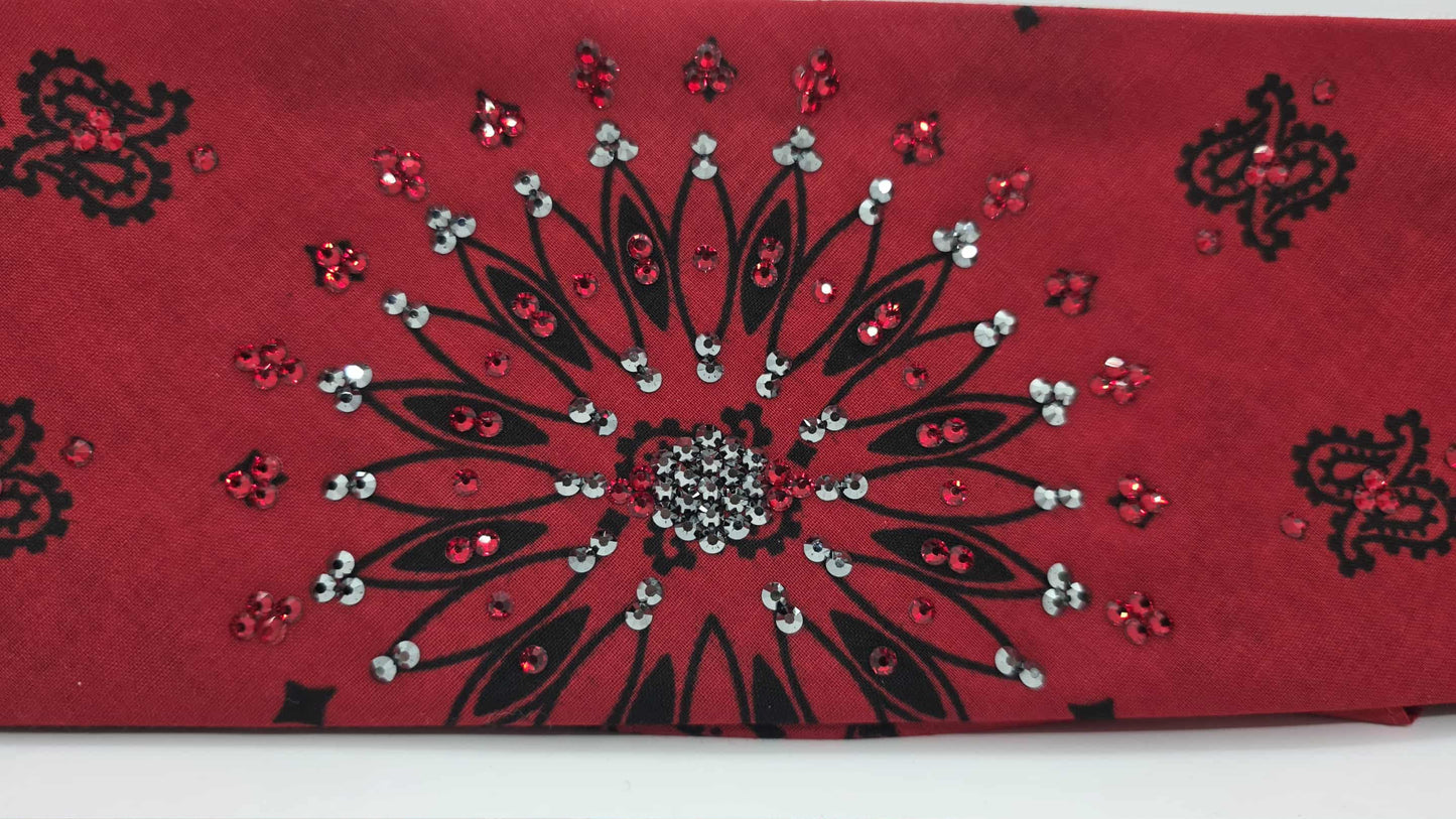 EXTRA BLING - Large Red Paisley Bandana with Red and Black Austrian Crystals (sku6409)