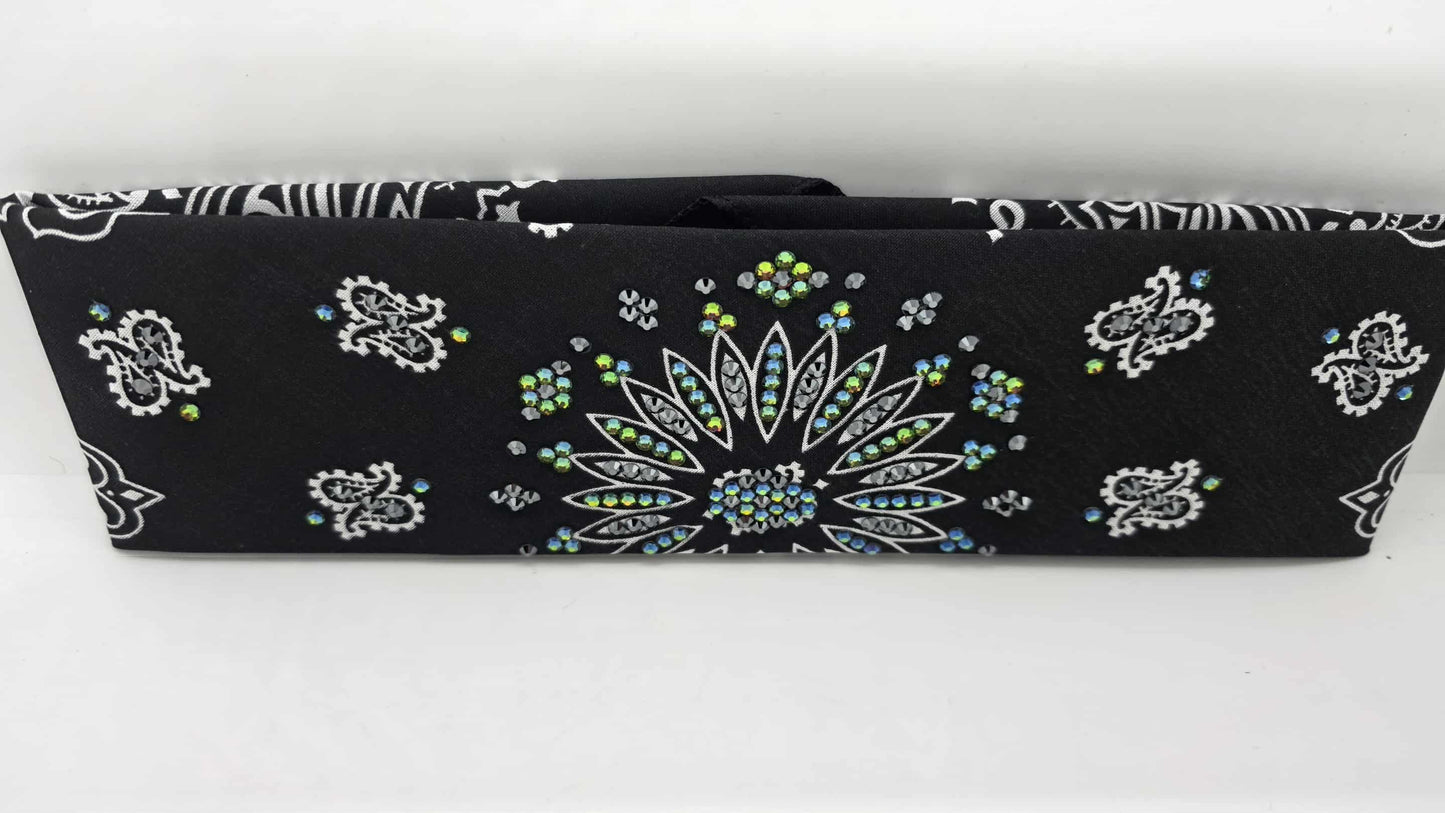 EXTRA BLING - Black Paisley Bandana with Vitrail and Black Austrian Crystals (sku6422)