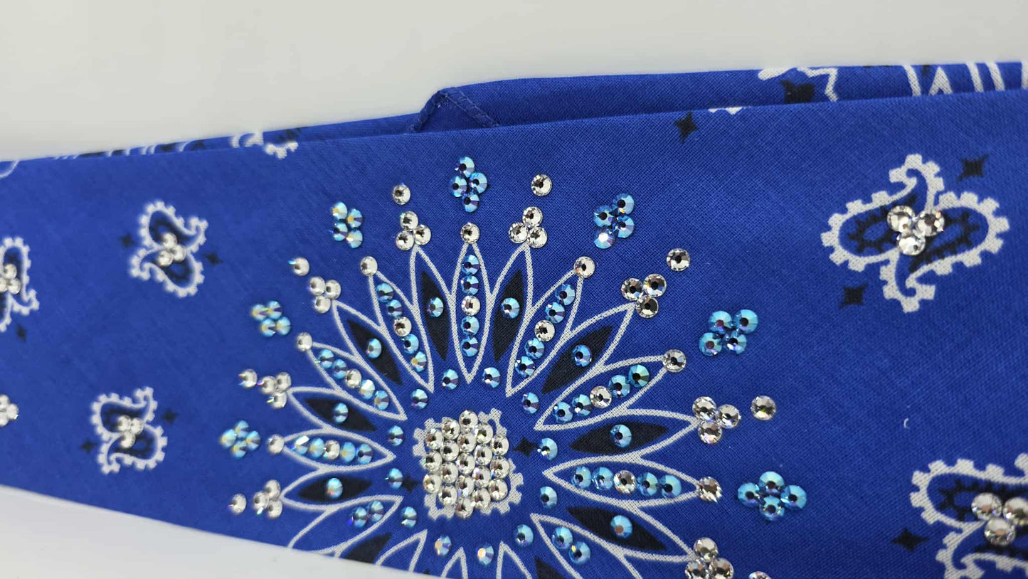 EXTRA BLING - Royal Blue Paisley Bandana with Blue Shimmer and Diamond Clear Austrian Crystals (sku6404)