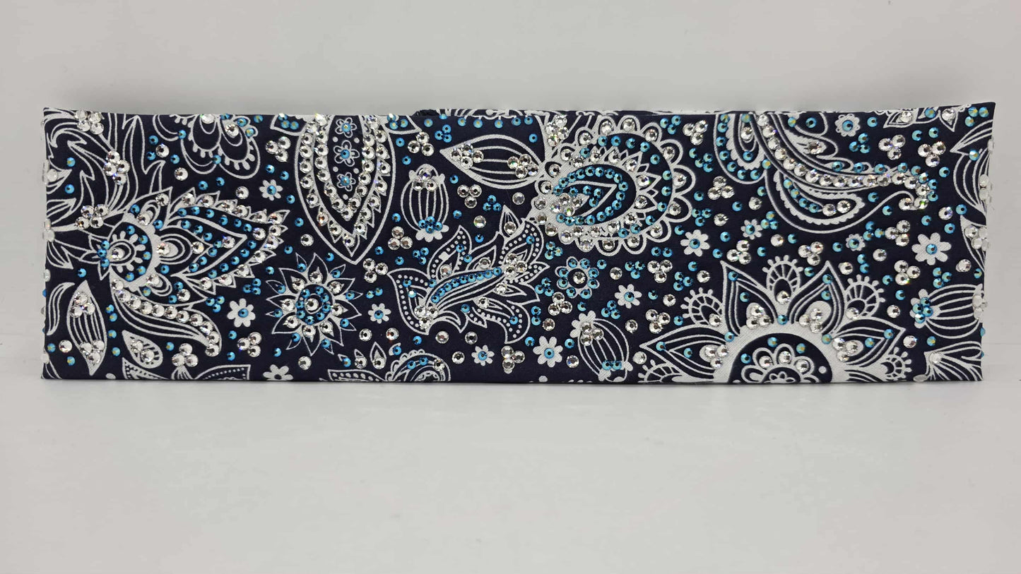 Super LeeAnnette Fancy Blue Paisley Bandana with Black Shimmer and Diamond Clear Austrian Crystals (sku40129)