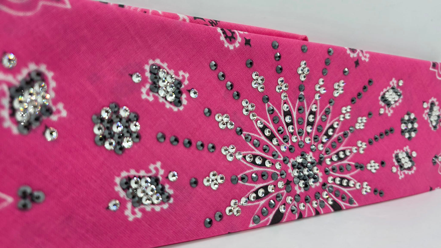 LeeAnnette Pink Paisley Bandana with Black and Diamond Clear Austrian Crystals (L40233)