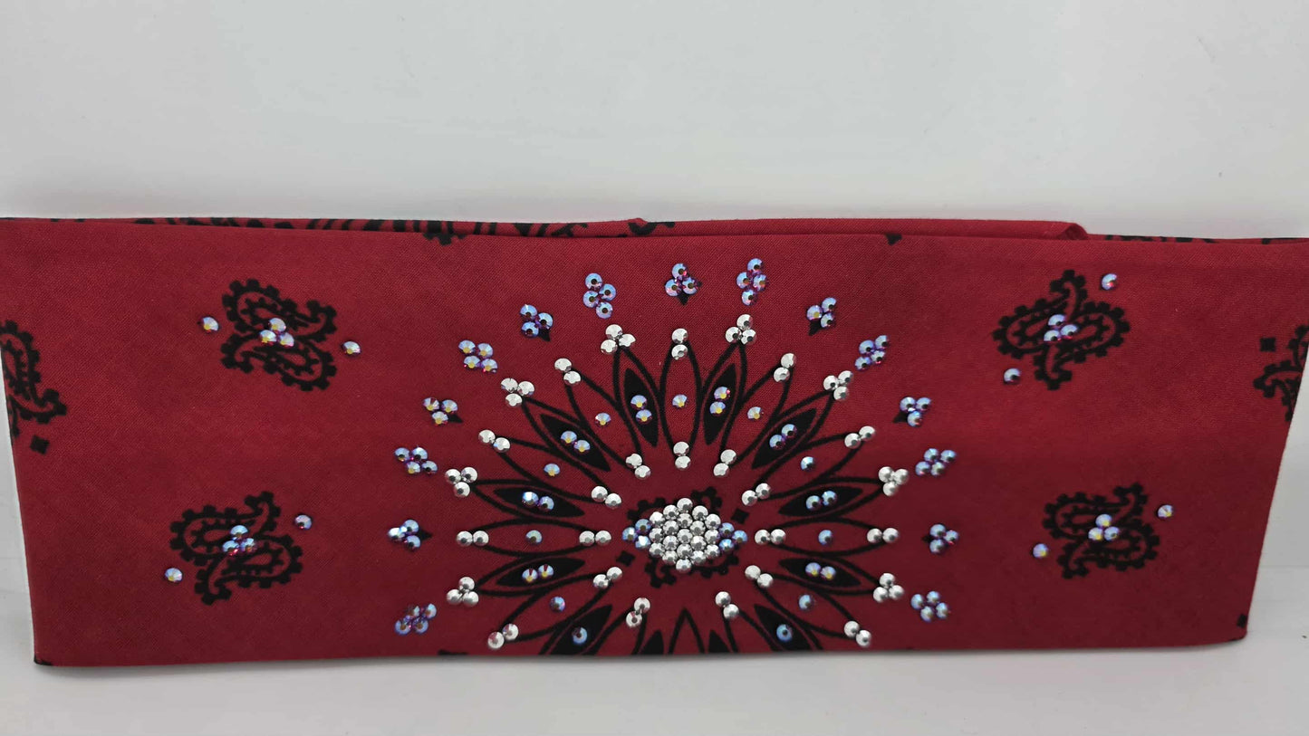 EXTRA BLING - Large Red Paisley Bandana with Red Shimmer and Chrome Austrian Crystals (sku6410)
