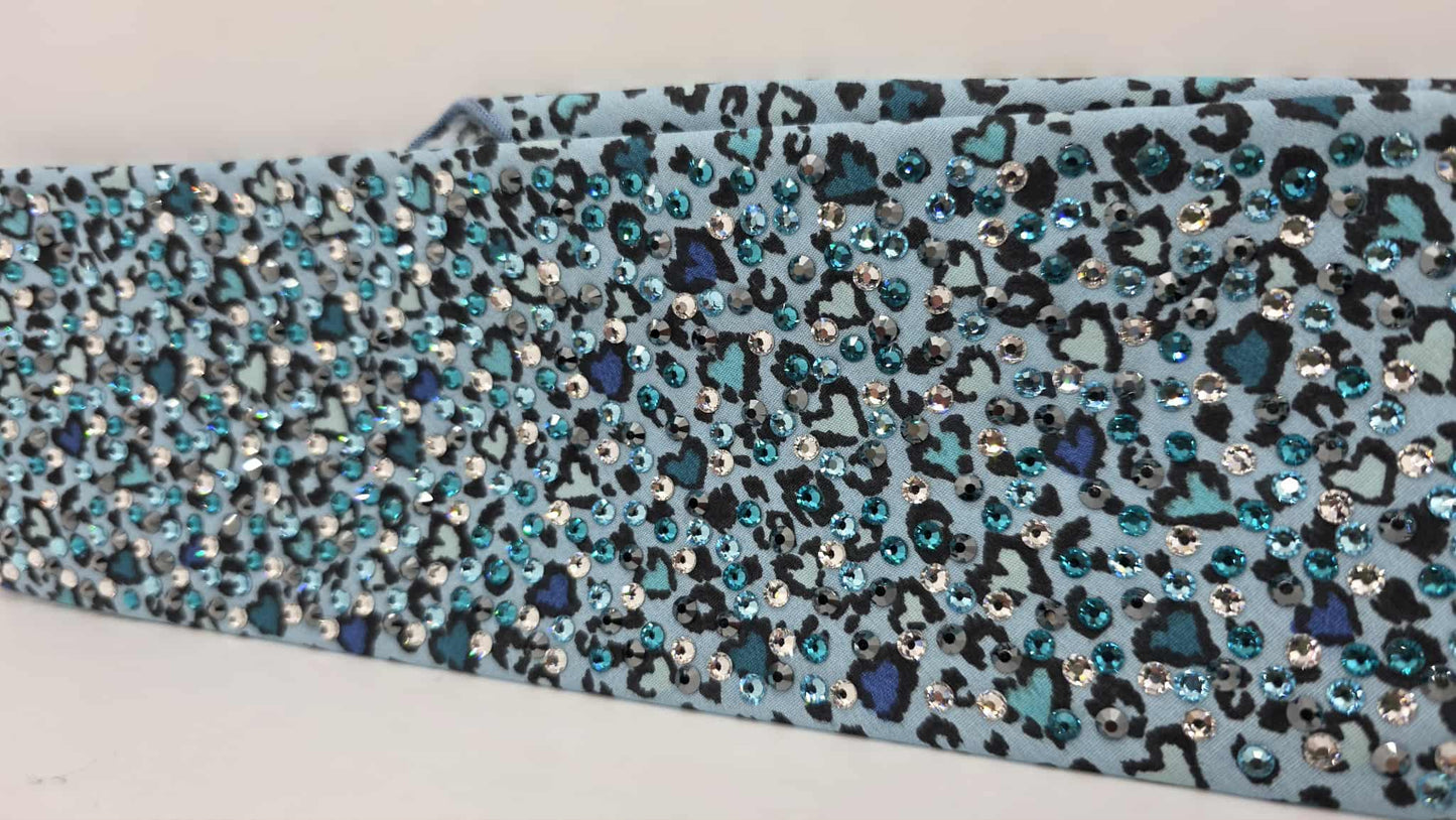 Super LeeAnnette Blue Leopard Hearts Bandana with Light Blue, Bright Blue, Black and Diamond Clear Austrian Crystals (sku40085)