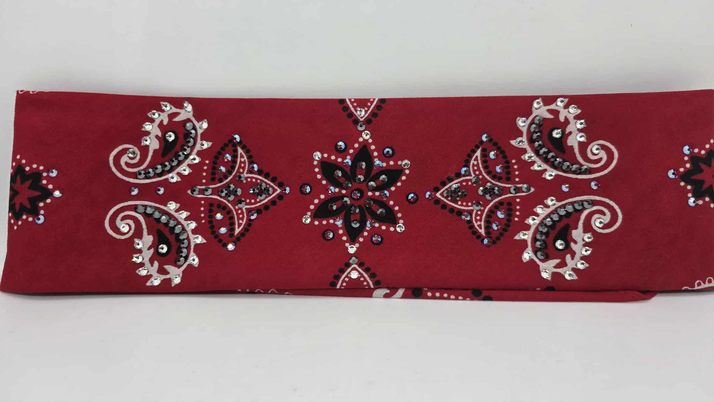 EXTRA BLING - Large Red Flower Bandana with Red Shimmer, Black and Diamond Clear Austrian Crystals (sku6401)
