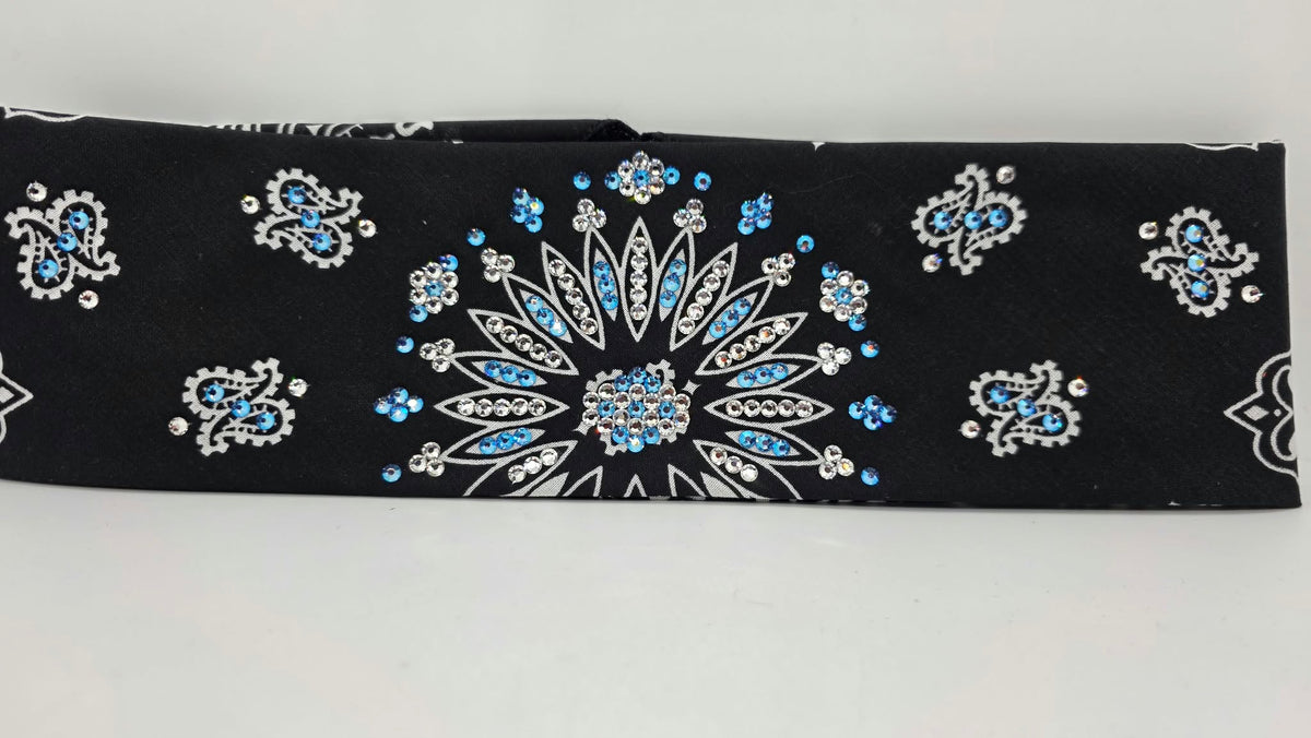 Black Paisley Bandana with Blue Shimmer and Diamond Clear Austrian Crystals (E60169)