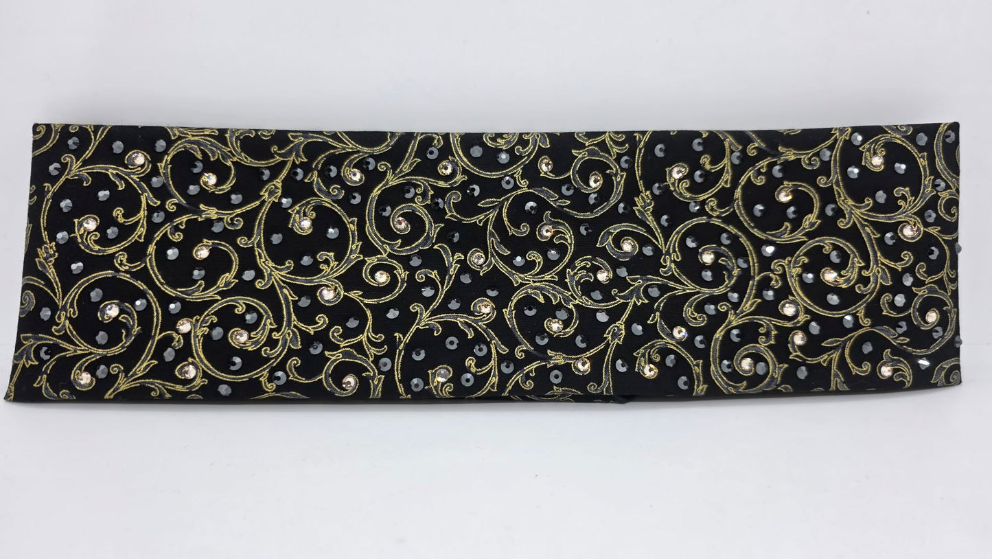 Gold Victorian on Black Bandana with Honey and Black Austrian Crystals (E60114)