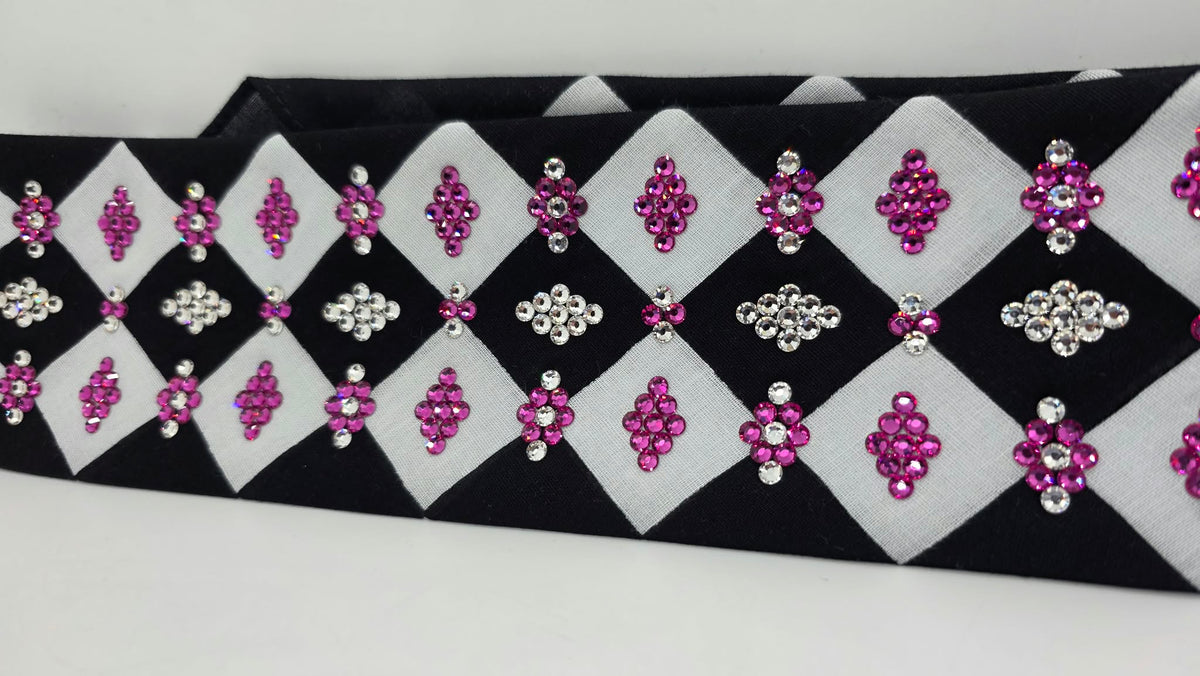 LeeAnnette Black and White Checker Bandana with Fuchsia and Diamond Clear Austrian Crystals (L40286)