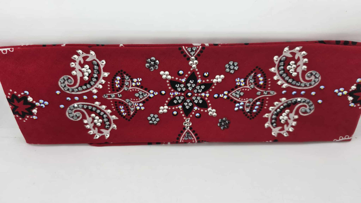LeeAnnette Large Red Flower Bandana with Red Shimmer, Black and Diamond Clear Austrian Crystals (sku40102)
