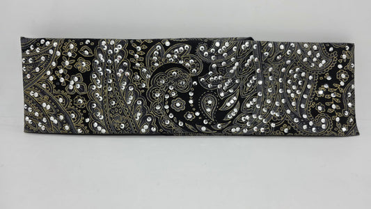 LeeAnnette Grey and Gold Paisley on Black Bandana with Chrome Austrian Crystals (L40220)