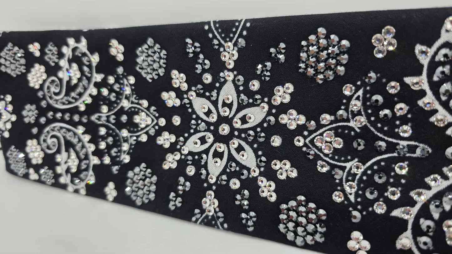 Super LeeAnnette Large Black Flower Bandana with Black and Diamond Clear Austrian Crystals (sku40105)