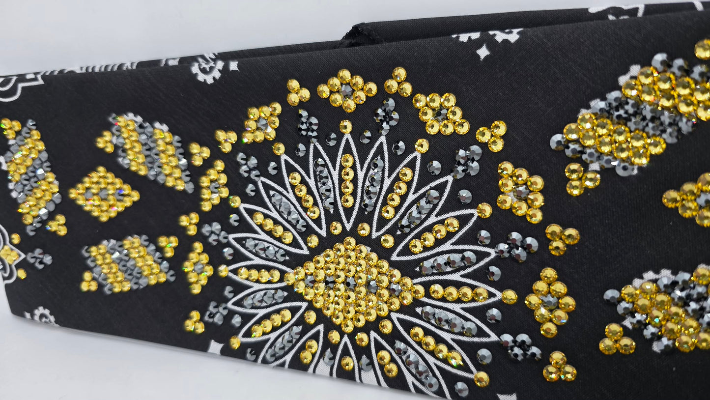 Super LeeAnnette Black Paisley Bandana with Golden Yellow and Black Austrian Crystals (S48120)