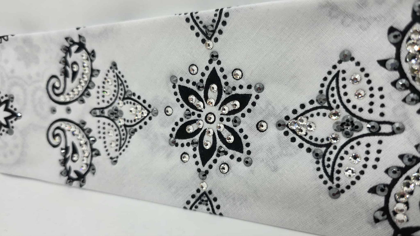 EXTRA BLING - Large White Flower Bandana with Black and Diamond Clear Austrian Crystals (sku6402)