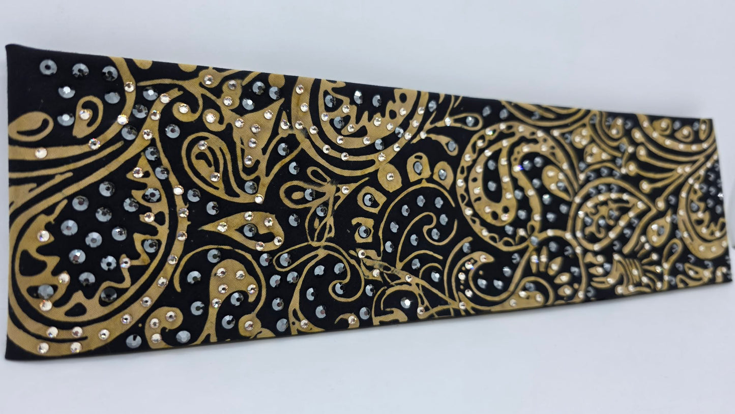 LeeAnnette Black and Gold Scroll Bandana with Honey and Black Austrian Crystals (L40214)