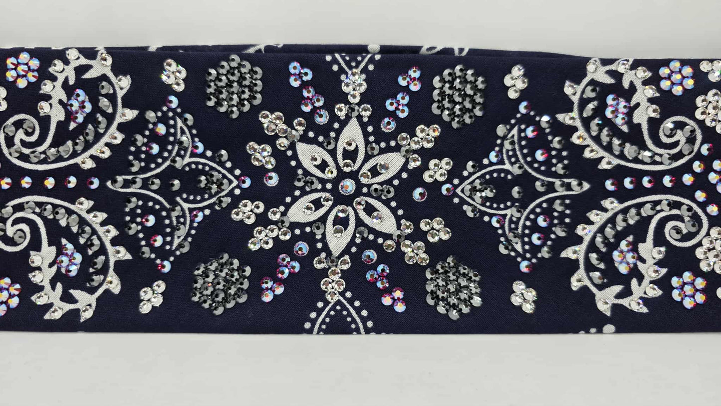Super LeeAnnette Large Navy Blue Flower Bandana with Red Shimmer, Black and Diamond Clear Austrian Crystals (sku40125)