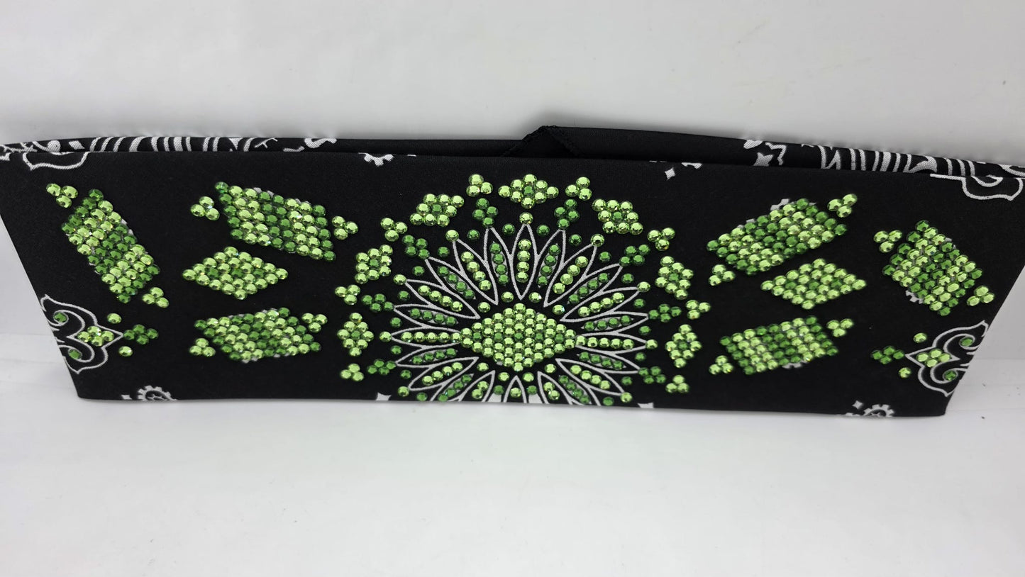 Super LeeAnnette Black Paisley Bandana with Light and Dark Green Austrian Crystals (S480102)