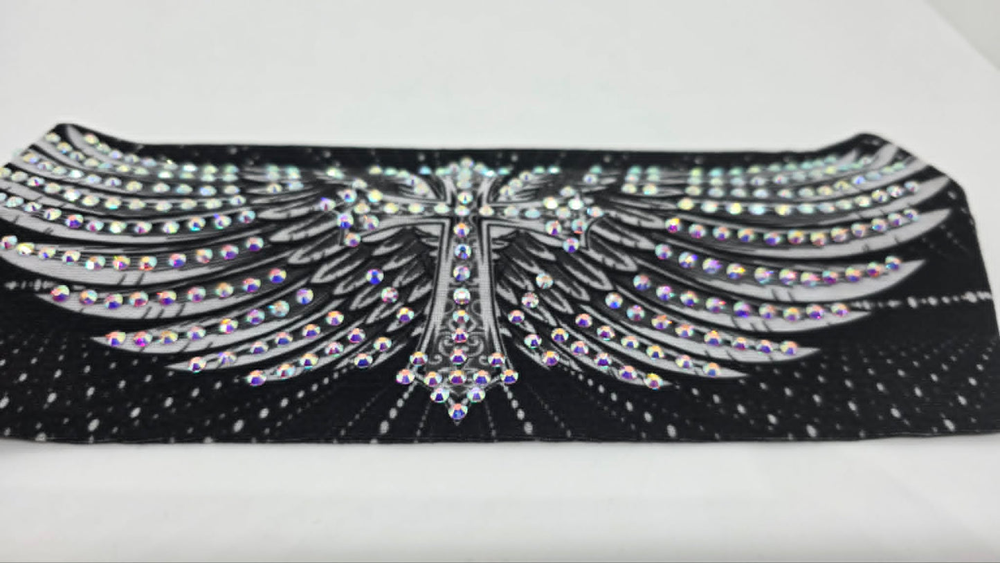 Stretchy Headband Cross and Wings on Black with Aurora Borealis Crystals (Sku5472)