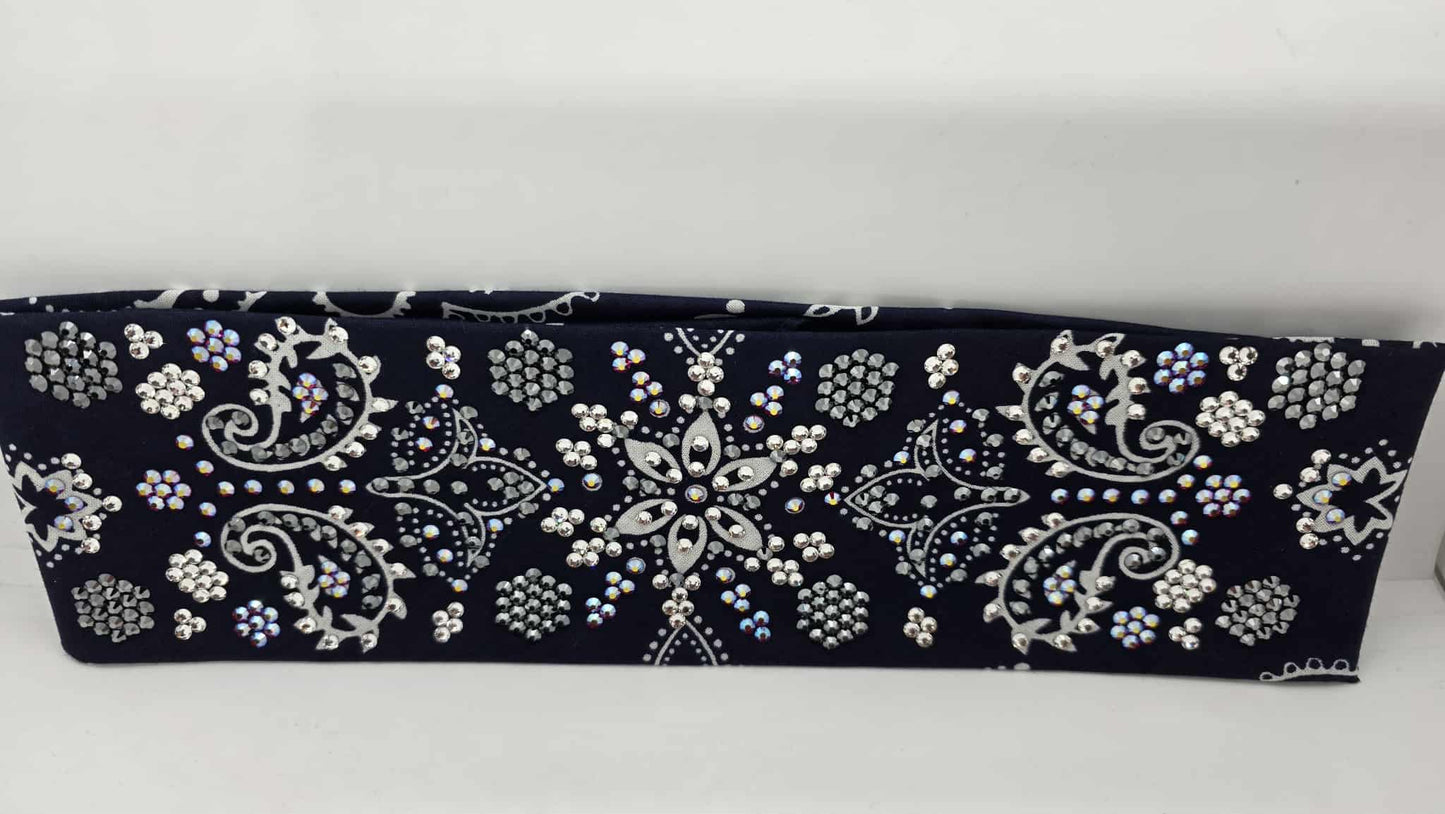 Super LeeAnnette Large Navy Blue Flower Bandana with Red Shimmer, Black and Diamond Clear Austrian Crystals (sku40125)
